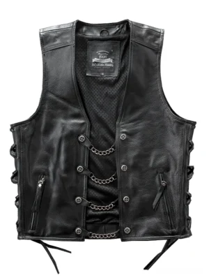 Black leather gothic biker vest front view with metal chain trim and snap buttons