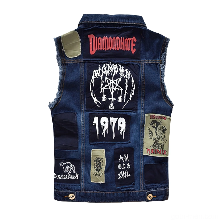 Rear view of blue gothic denim vest showing back pentagram prints and decorative patches, featuring distressed denim edges and alternative aesthetic design