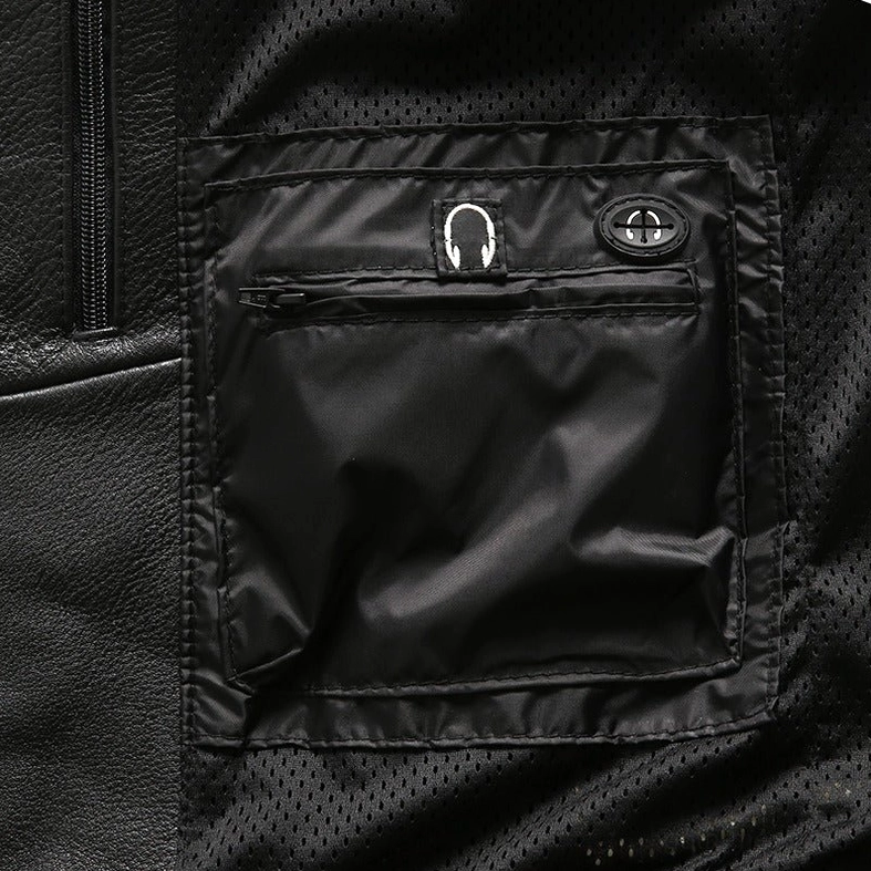 Detail view of model in gothic leather vest showing collar and shoulder construction