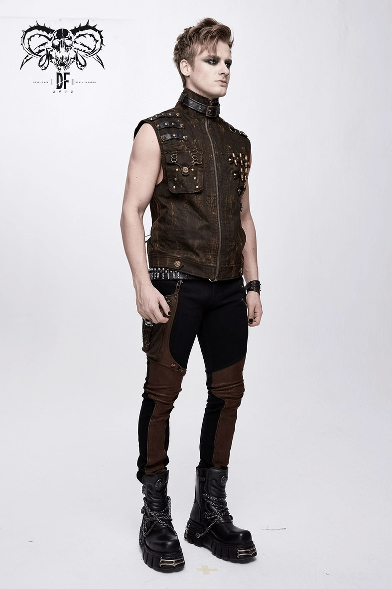 Multiple view showcase of brown steampunk gothic vest construction and design elements