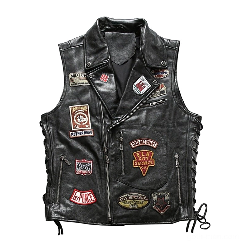 Men's black gothic biker leather vest front view with asymmetrical zipper closure and vintage embroidered patches