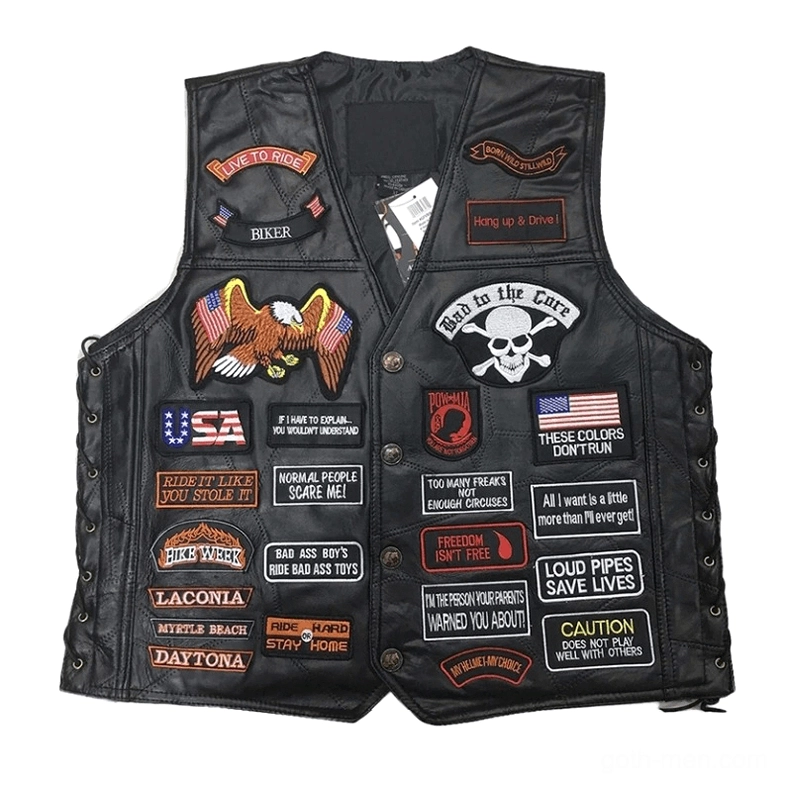 Front view gothic leather biker vest on wooden hanger with riding patches
