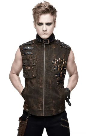 Brown PU leather gothic biker vest front view on male model with metal zipper closure and studded straps