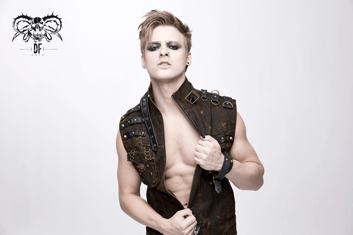 Full-length styling of brown distressed gothic biker vest with alternative outfit composition