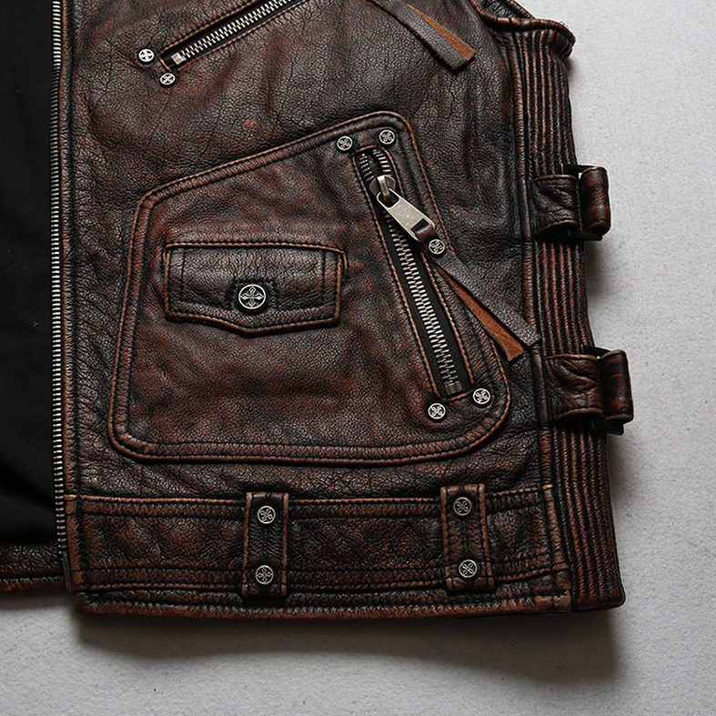 Gothic biker vest metal hardware and leather drawstring details - authentic moto waistcoat craftsmanship