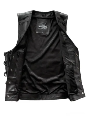 Gothic biker vest interior mesh lining and zipper pockets detail