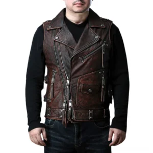 Men's black genuine leather gothic biker vest front view on model - distressed moto waistcoat with multiple zipper pockets