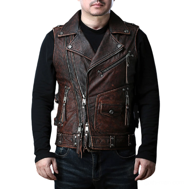 Men's black genuine leather gothic biker vest front view on model - distressed moto waistcoat with multiple zipper pockets