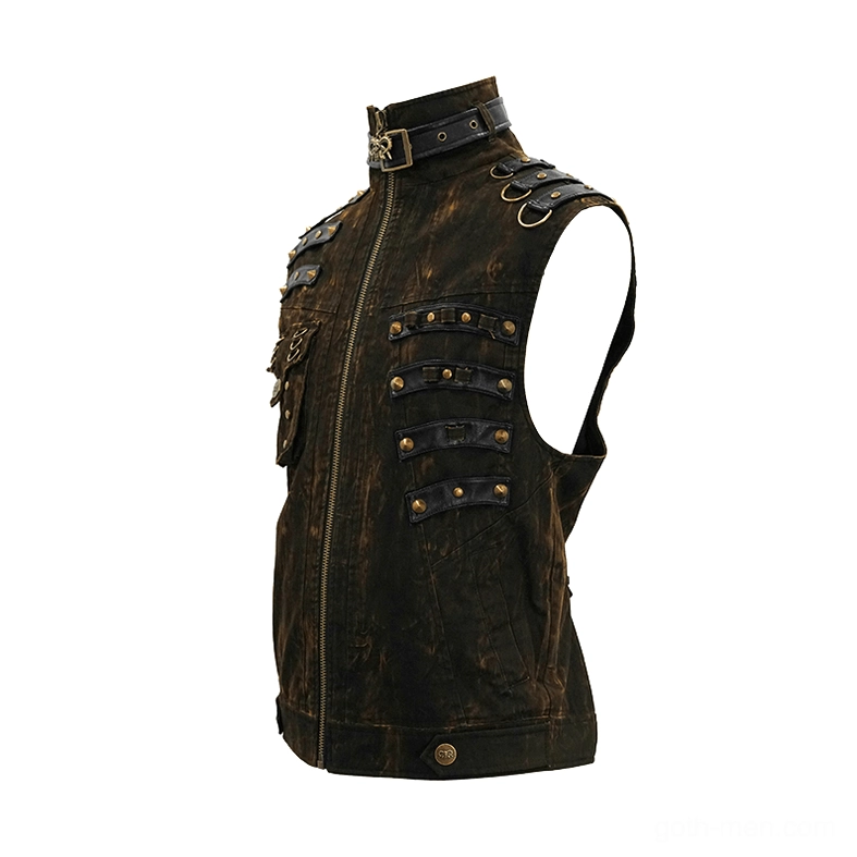 Right side profile of gothic biker waistcoat showing multi-strap decoration and sleeveless cut