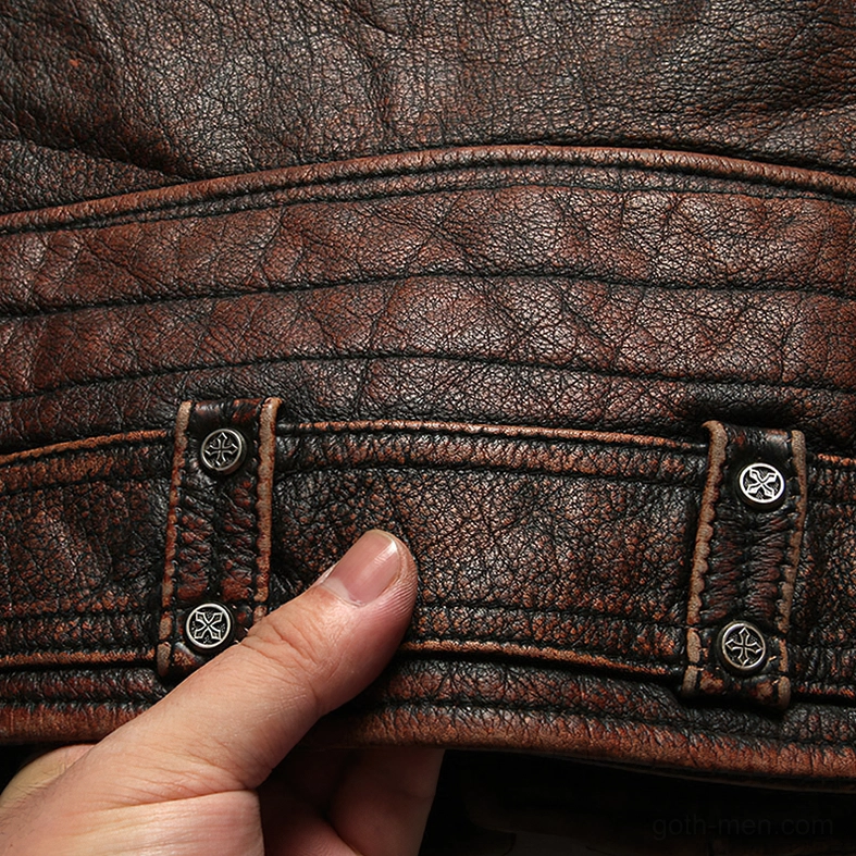 Full length side view of genuine leather gothic biker vest on model - distressed brown moto waistcoat styling