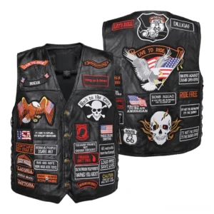 Gothic black leather biker vest with skull and eagle patches front and back flat lay view