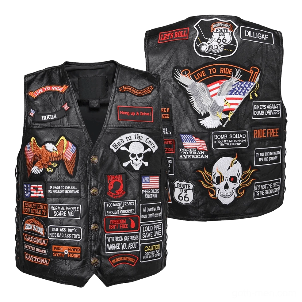 Gothic black leather biker vest with skull and eagle patches front and back flat lay view