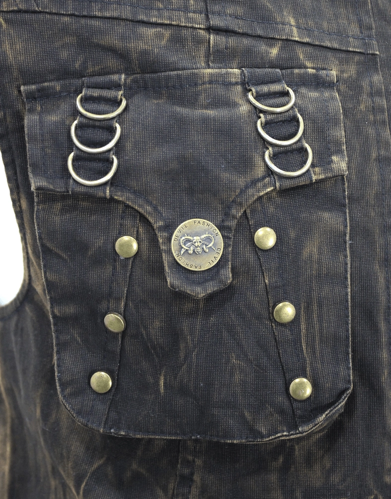 Male model wearing brown steampunk gothic biker vest with leather accessories and chains