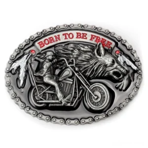 Vintage biker wolf belt buckle front view featuring born to be free lettering and embossed motorcycle rider design in dark silver zinc alloy