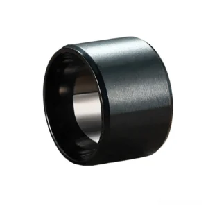 Black bulky gothic ring side three-quarter angle showing brushed surface finish and polished inner band