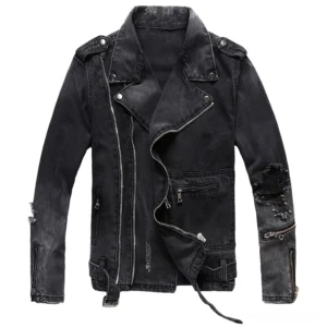 Black distressed denim biker jacket front view with asymmetrical zipper and metal hardware