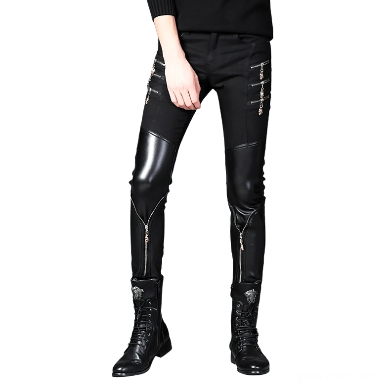 Front detail view of black patchwork gothic biker pants - faux leather knee patches and leg zippers on slim fit trousers