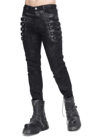 Gothic men's black buckled strap slim-fit trousers front full-body view with leather hip panels and adjustable buckles