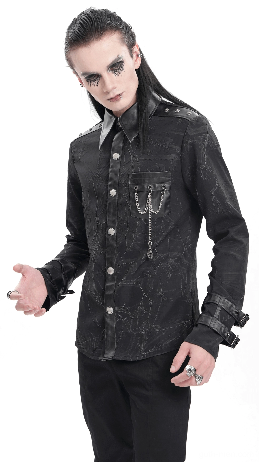 Alternative angle view of black gothic chain shirt highlighting leather accents and chain detailing