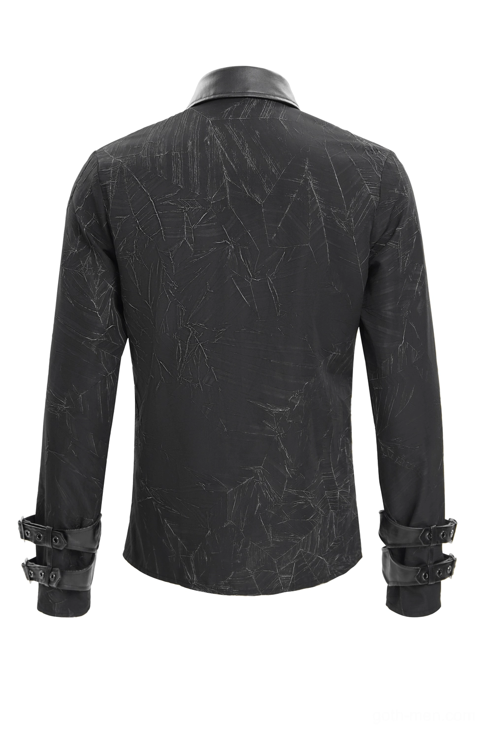 Back view flat lay of gothic black shirt mannequin with cracked fabric pattern and buckled wrist cuff details