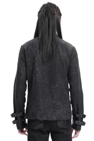 Back view of gothic black shirt with buckled cuffs and layered cracked fabric design worn by model with braided hair