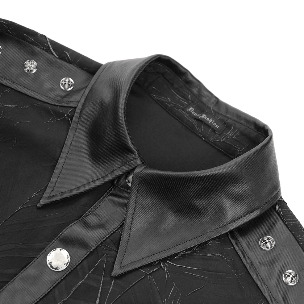 Close-up detail of leather collar, round metal buttons, and neckline construction of black gothic chain shirt