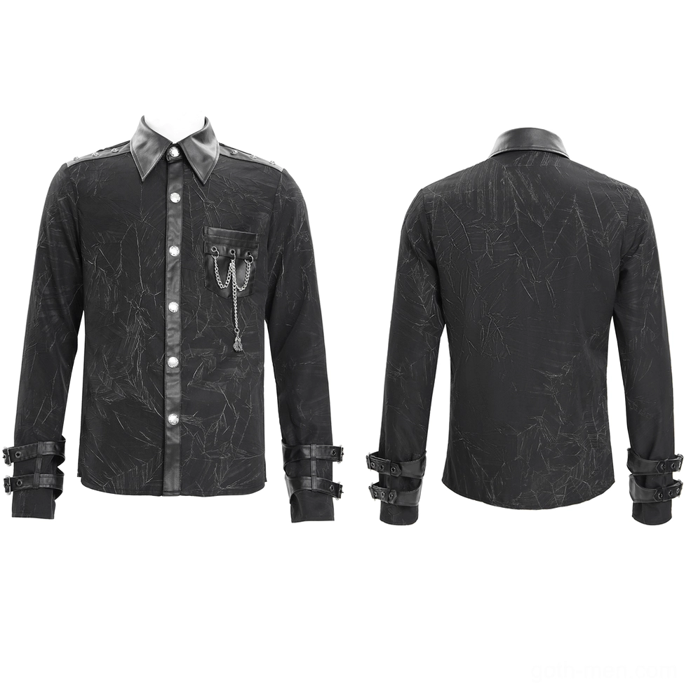 Flat lay front and back view of black gothic chain shirt with metal buttons and leather collar details