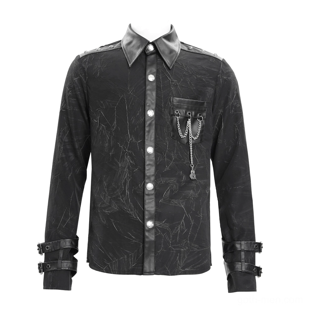 Front flat lay mannequin display of black gothic shirt showing round metal buttons, leather collar trim, and chain pocket ornament