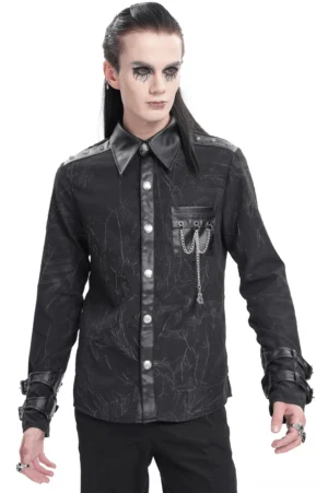 Gothic black long-sleeve shirt front view with chain pocket detail and cracked fabric texture on male model with dramatic makeup