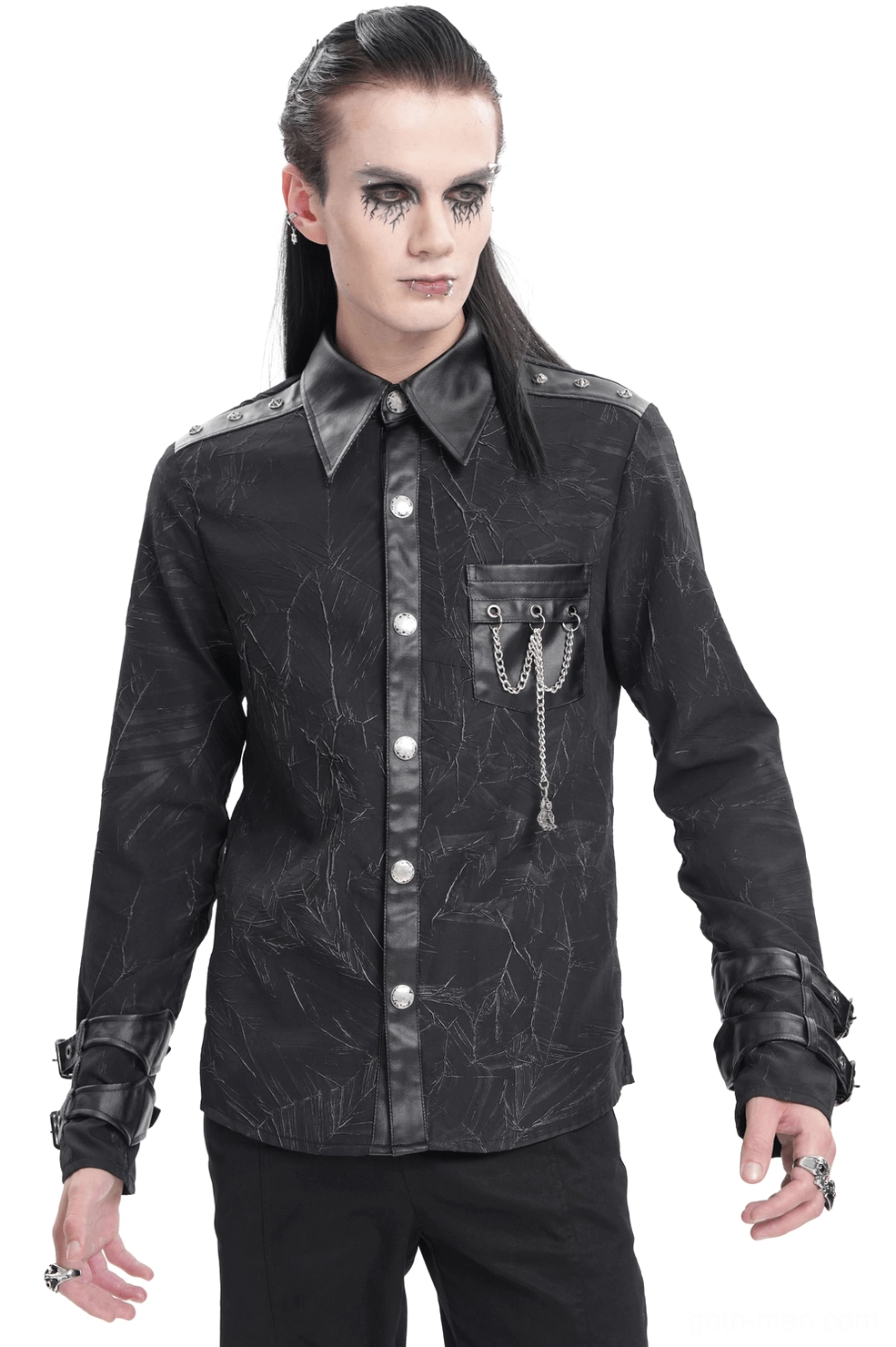 Gothic black long-sleeve shirt front view with chain pocket detail and cracked fabric texture on male model with dramatic makeup