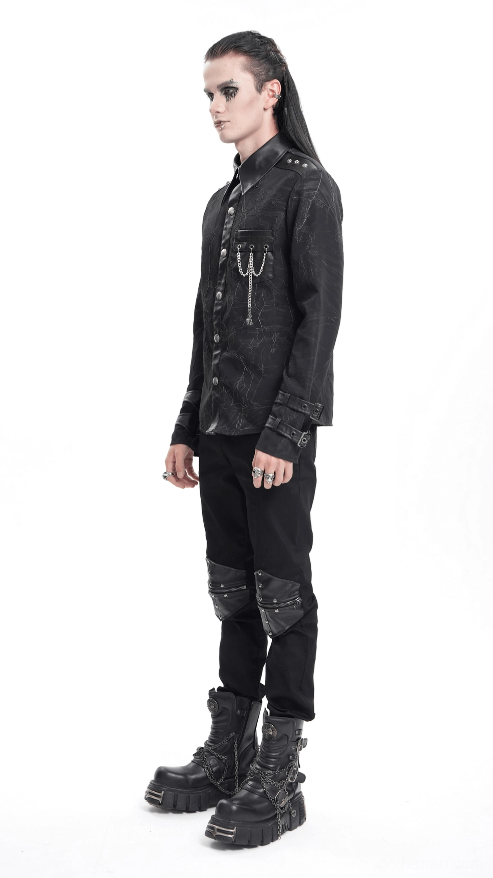 Full-body display of black gothic chain shirt with all hardware details visible from front perspective