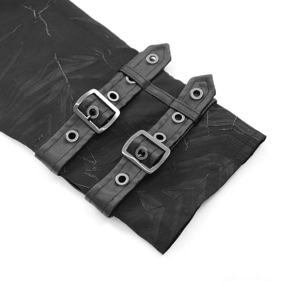 Hardware and construction detail view of black gothic chain shirt showing metal accents and quality craftsmanship