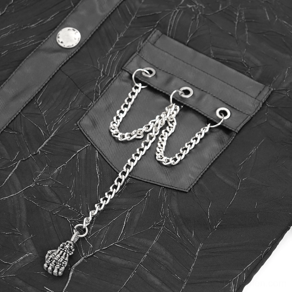 Shoulder and leather strap hardware detail of black gothic chain shirt with cracked distressed fabric texture