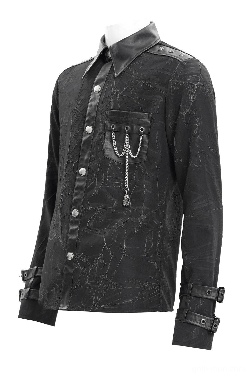 Three-quarter side angle of gothic black chain shirt on mannequin featuring shoulder leather straps and slim tailored cut
