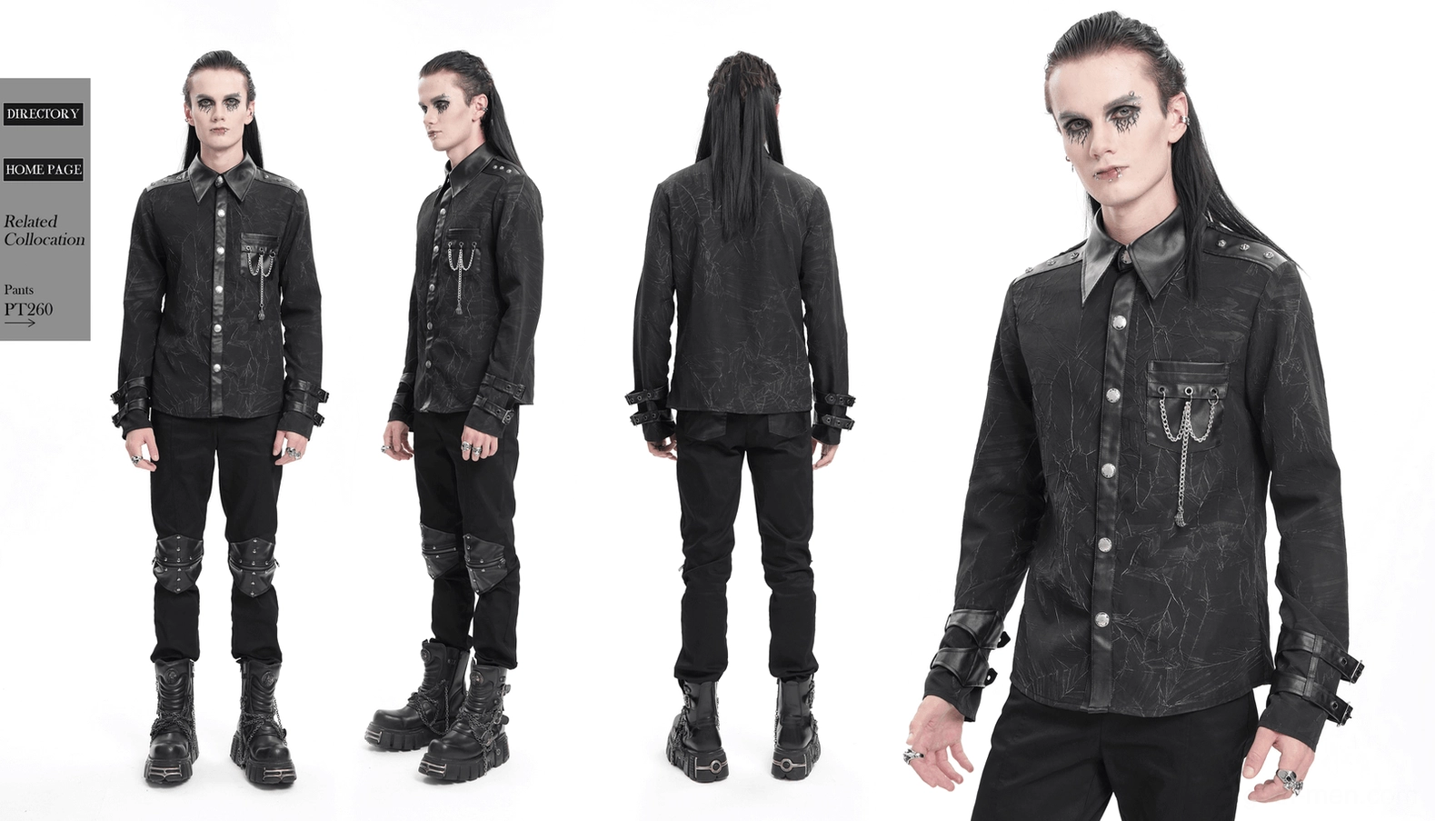 Side profile detail of black gothic chain shirt showing sleeve design and overall silhouette construction