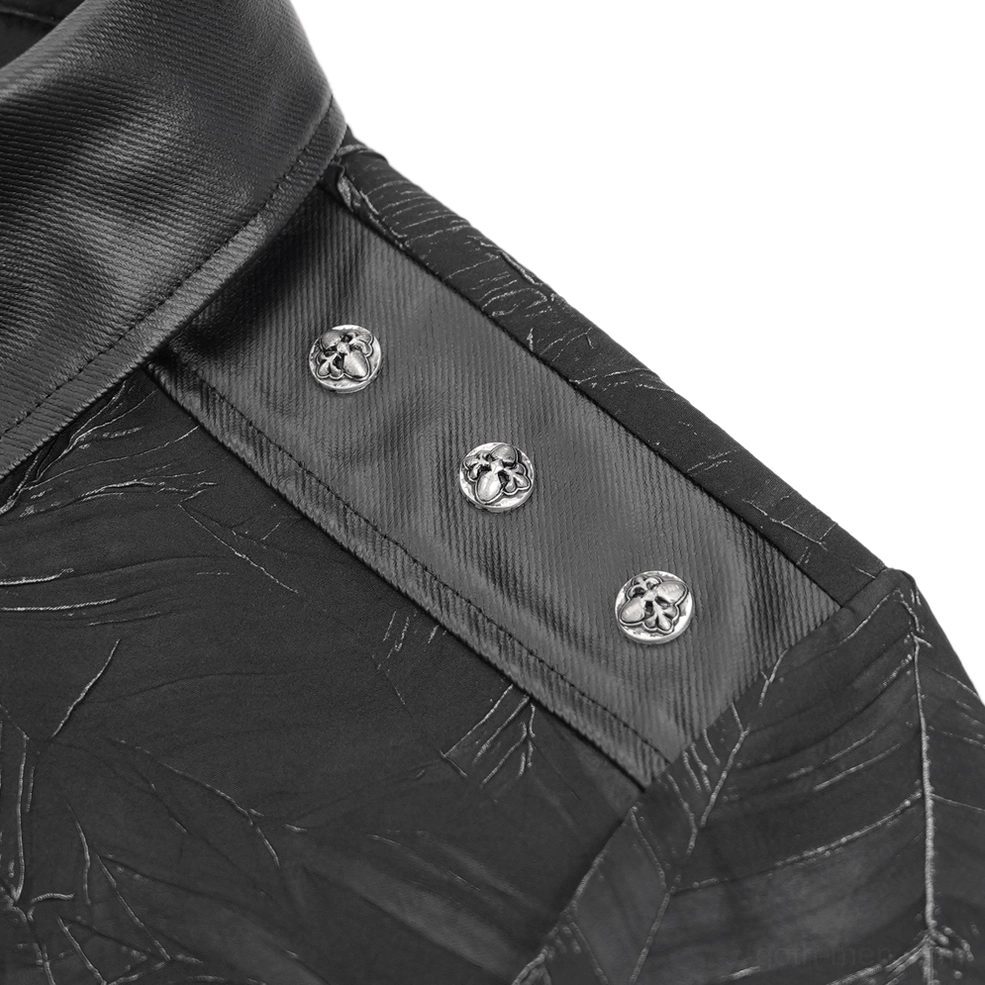 Detailed view of star-shaped metal button on cracked fabric showing craftsmanship of gothic black chain shirt