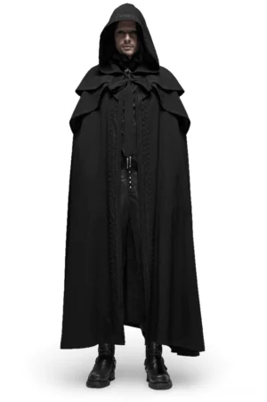 Male model wearing black gothic hooded floor-length cloak with cascading shoulder cape, front view showing drawstring closure and layered shoulders