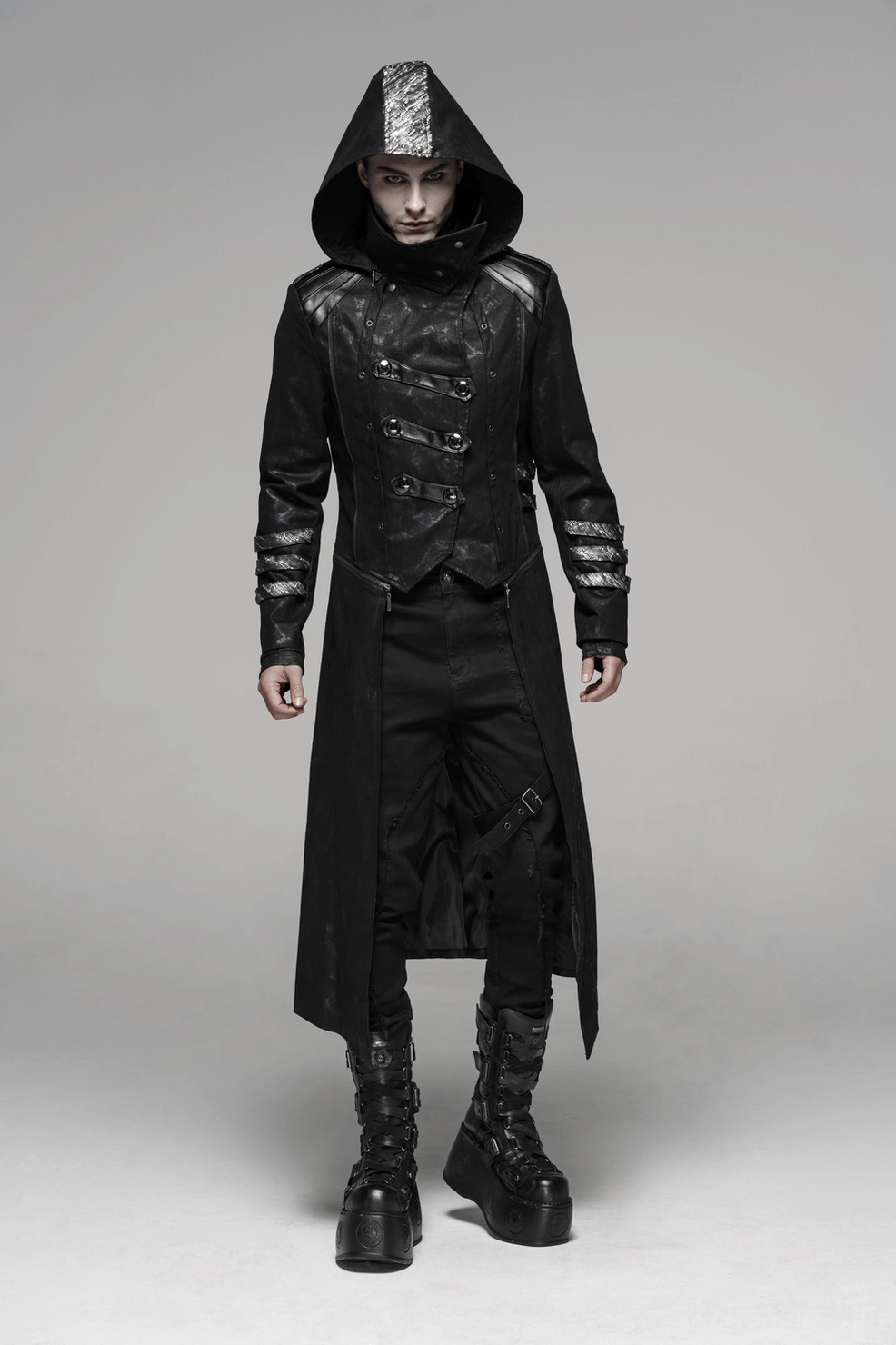 Gothic black coat full silhouette showing longline proportions and punk aesthetic