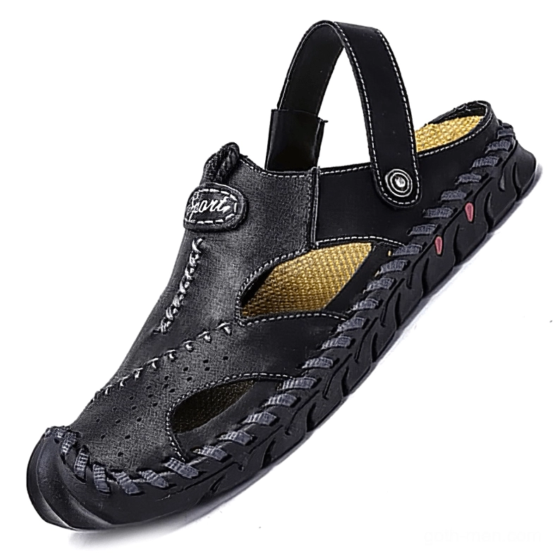 Men's black convertible leather gothic sandals with ankle strap - side profile view