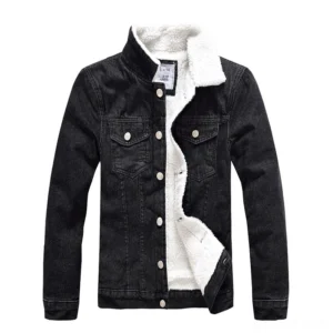 Black gothic sherpa-lined denim jacket front view with metal snap buttons and chest flap pockets, minimalist dark aesthetic