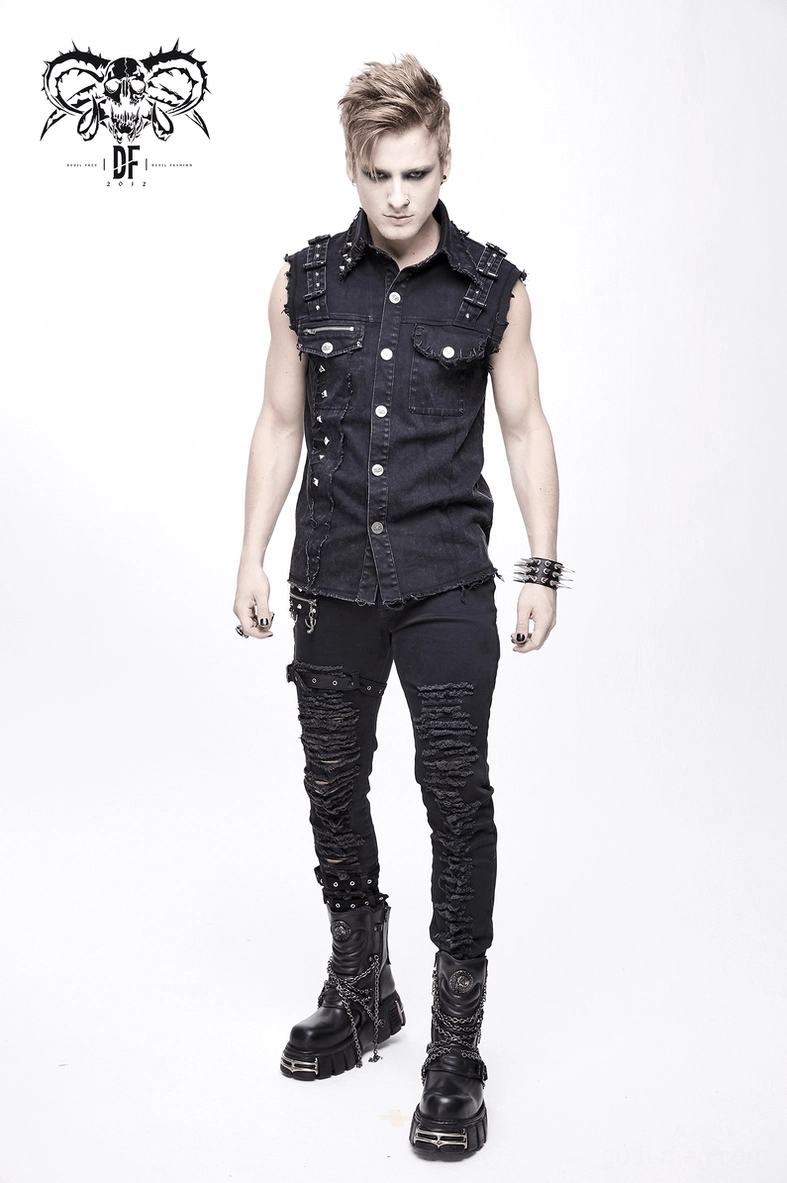 Gothic black denim vest interior pocket construction and stitching detail view