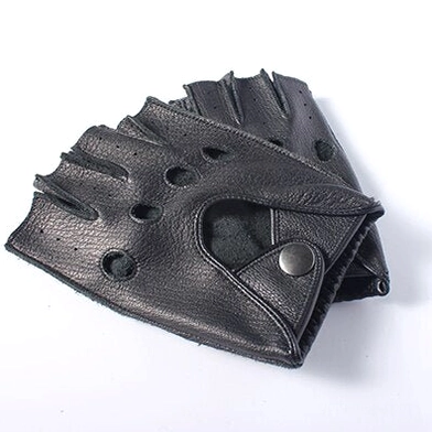 Solid black matte deerskin fingerless gloves with wrist snap fastener, top-down flat lay view