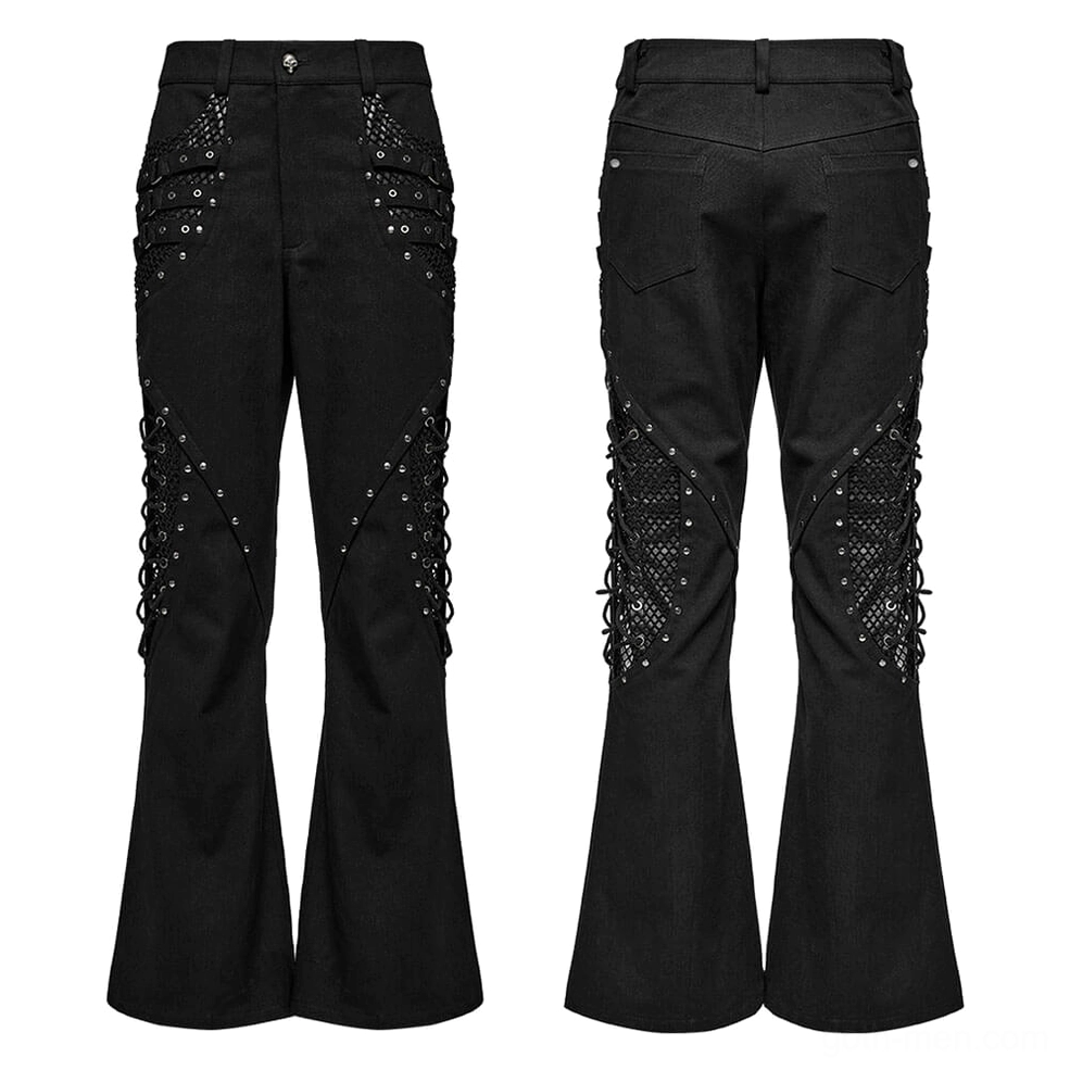 Black gothic wide-leg pants front and rear flat lay showing mesh lace-up accents