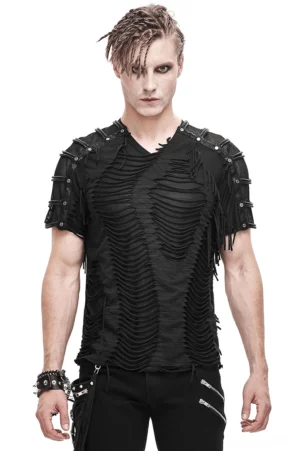 Men's gothic black mesh stud fringe t-shirt front view on model - distressed punk tee with studded shoulder panels and shredded fabric details