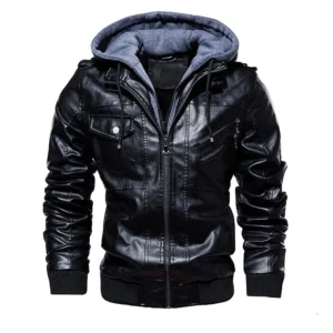 Gothic hooded black faux leather biker jacket for men front view studio shot