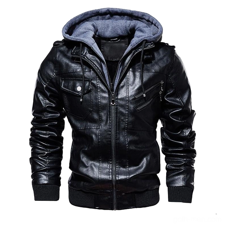 Gothic hooded black faux leather biker jacket for men front view studio shot