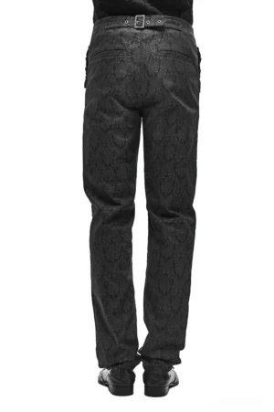 Black gothic vintage jacquard pants rear view, showing adjustable back belt with vintage metal buckle and dark embossed texture detail
