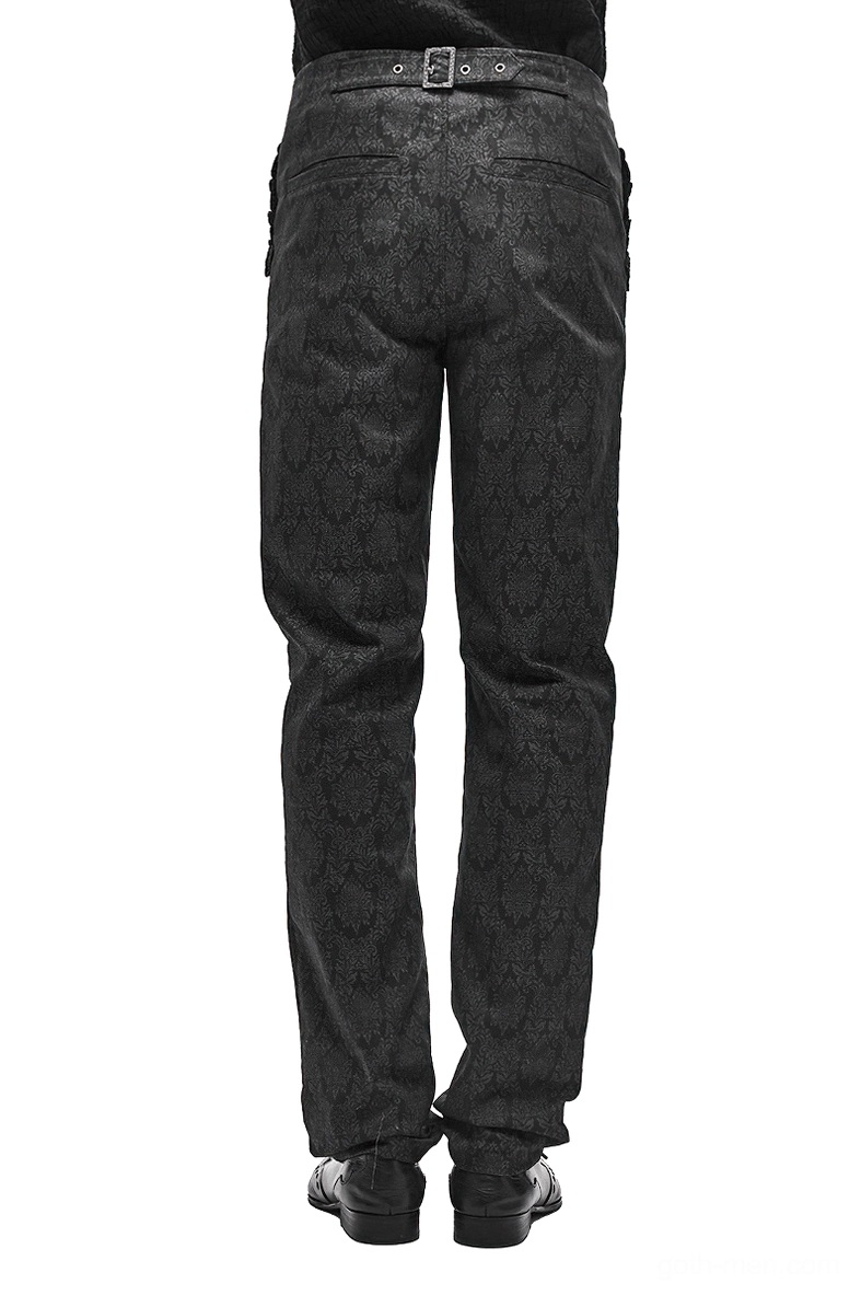 Black gothic vintage jacquard pants rear view, showing adjustable back belt with vintage metal buckle and dark embossed texture detail