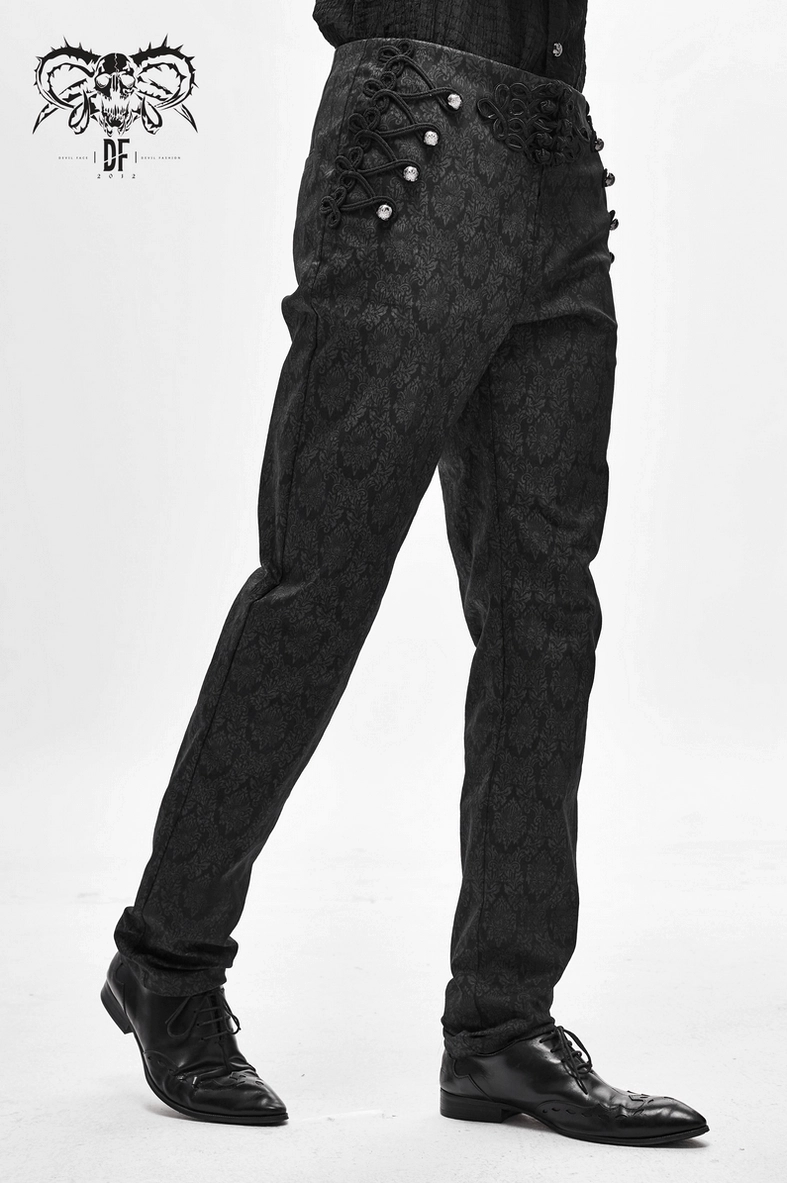 Black gothic vintage jacquard pants showcasing overall garment construction, seaming details, and fitted high-waist silhouette