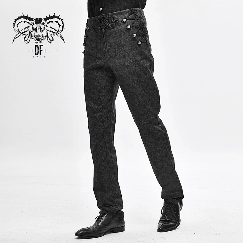 Black gothic vintage jacquard pants texture detail highlighting the damask weave pattern and fabric finish for authentic goth style